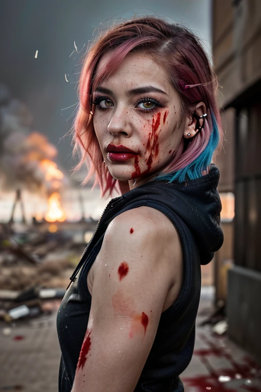 ((Best quality, 8k, Masterpiece: 1.3, realistic)), ((5120x1440)), Sharp focus: 1.2, 30 year old woman, ((Pink hair with orange/blue highlights)), Zombie apocalypse, Pistol holster strapped to leg, Assault rifle M4 on back, Machete in left hand, Desert Eagle Pistol in Right hand, Cargo pants, Hoodie, BodyArmor, backdrop of city burning, Looking at viewer, Dark and stormy day, raining, sunset, depth of field, (special attention to skin detail: 1.2), Detailed leather texture, Smoky atomsphere, (pale skin), Adult, ((Eye makeup, pink mascara)), ((large detailed lips)) (((ultra realistic))), masterpiece, Full body, Small nose, Sharp focus: 1.2, Multiple Ear Piercings, right side stud nose piercing, plain skin, ((very detailed eyes, very detailed iris)), Taken with Nikon Z 14mm ultra wide-angle, photography, subsurface scattering, radiant light rays, high resolution, high detail, sharp focus, soft, aesthetic, very detailed, spooky atmosphere, looking at viewer, smoke in sky, Burning, depth of field, ((she has blood on her with cuts and scratches)),
