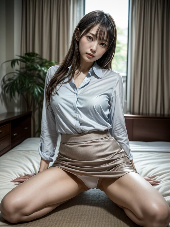 (In 8K,highest quality,masterpiece),(Realistic,RAW Photos,Super Fine Clear),Realistic Light,Detailed skin,Beautiful Japanese Woman,((30-year-old woman,))、business scene,Businesswoman'Clothing,suit,Office Fashion,(Long skirt)、Panty shot,White sexy panties,kneeling to spread legs,thin脚、fine grain,Detailed fingers、thin、Sexual,Ecstasy表情,In the hotel bedroom,a place where there are no people,Ecstasy,Asian Eyes Era