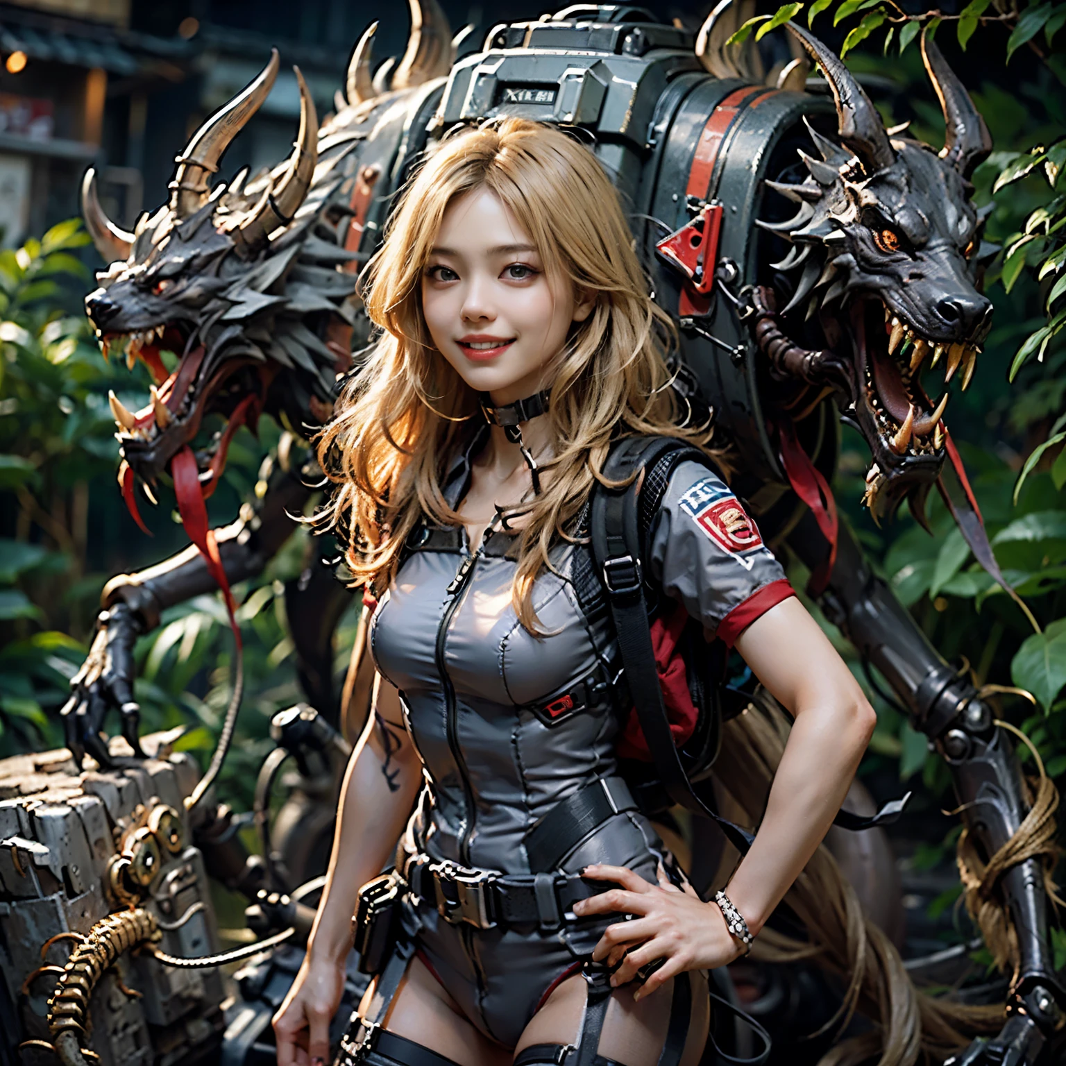Mechanical backpack, demons, reinforced exoskeleton with insect references, heavy equipment, Japanese woman, very beautiful face, double teeth, fangs, canine teeth, smiling face, blond hair, full body shot, photorealistic, realistic, ultra realistic, ultra detailed, ultimate intricate detail, lighting highlighting machinery, glossy, cave with a suspicious atmosphere