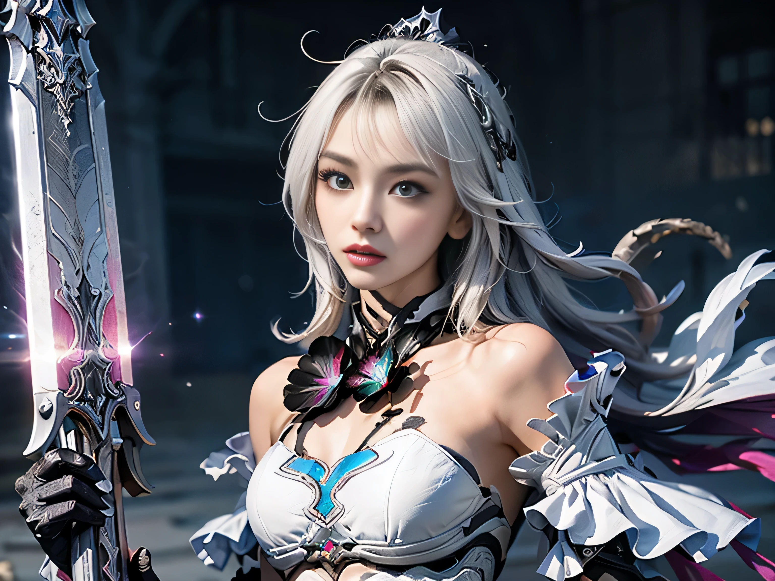  there is a woman in a black and white outfit holding a sword, a screenshot inspired by Pu Hua, trending on cg society, rococo, sharp silver armor fuchsia skin, glossy white armor, alluring mesmer woman, 8 k character details, drakengard, blade and soul, in monster hunter armor, ornate bikini armor