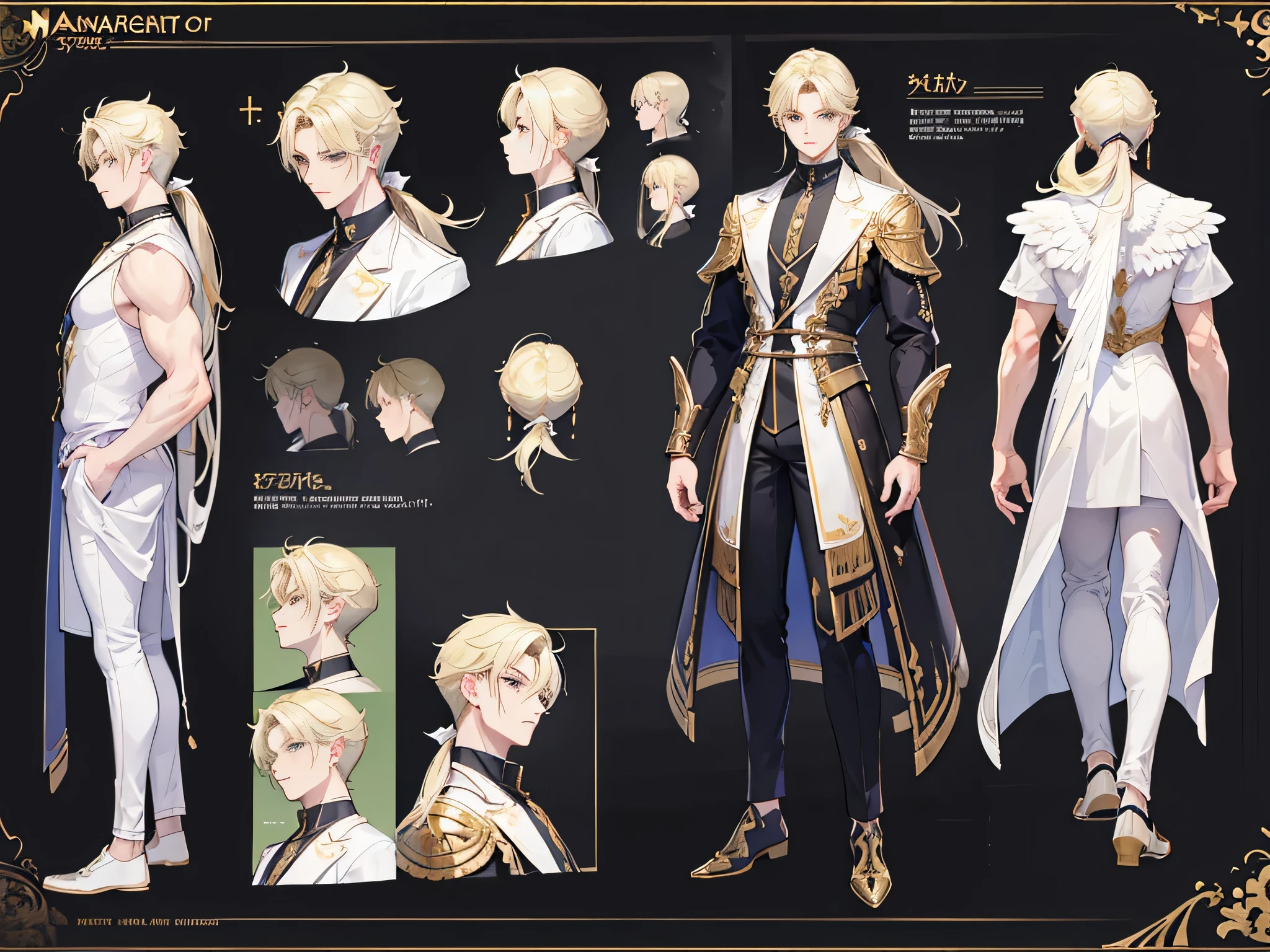 ((Masterpiece, Highest quality)), Male, boy, Detailed face, character design sheet， full bodyesbian, Full of details, frontal body view, back body view, Highly detailed, Depth, Many parts, angel wings, angel outfit, Muscle boy with blond ponytail hair，handsome man, male angel , man tall