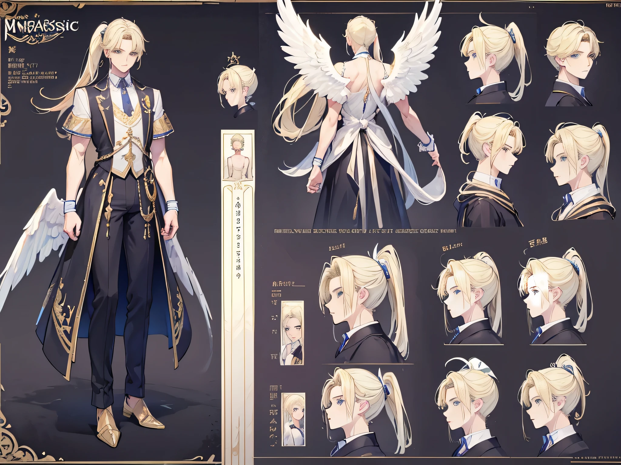 ((Masterpiece, Highest quality)), Male, boy, Detailed face, character design sheet， full bodyesbian, Full of details, frontal body view, back body view, Highly detailed, Depth, Many parts, angel wings, angel outfit, Muscle boy with blond ponytail hair，handsome man, male angel , man tall