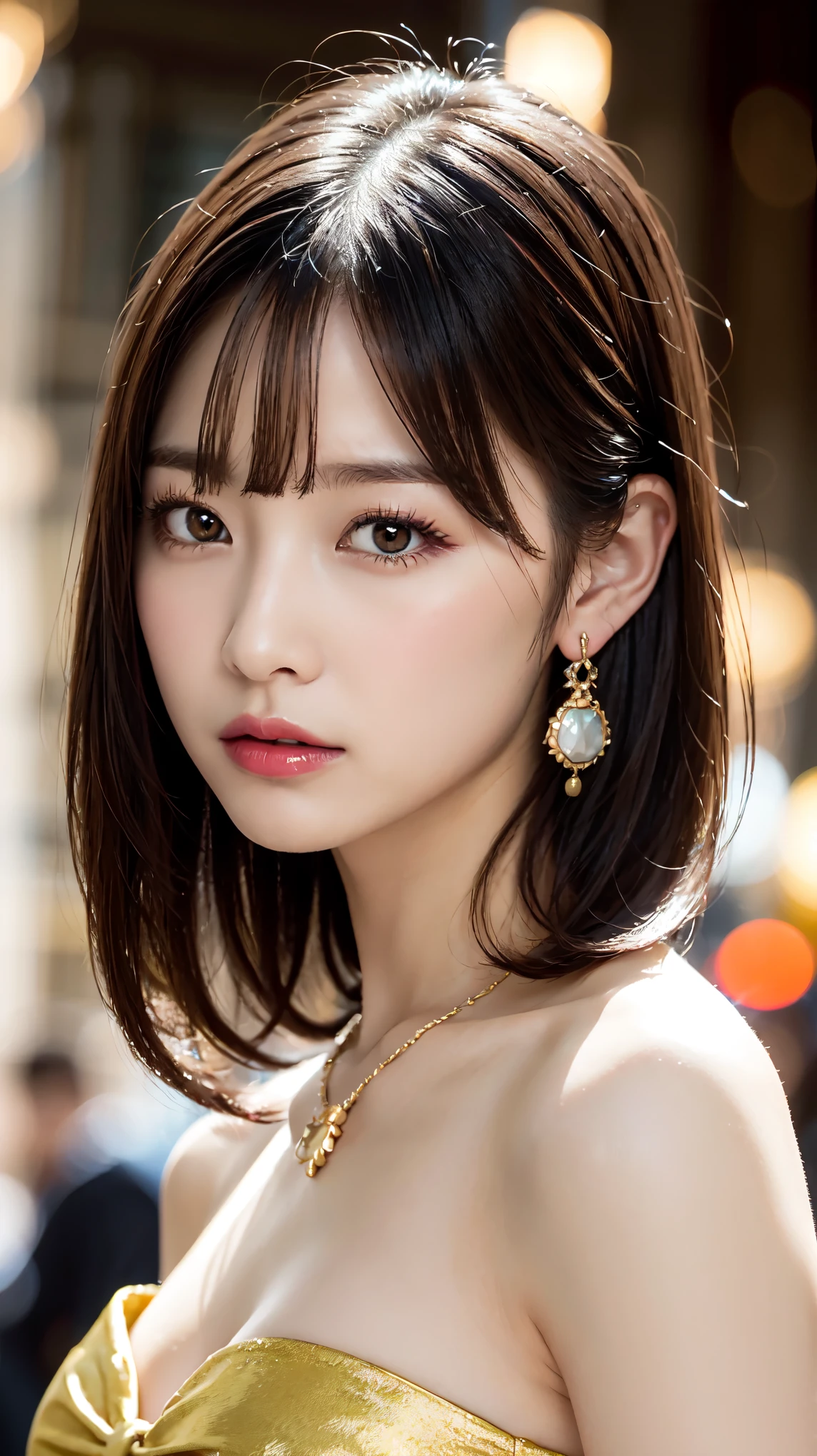 1 female, Beautiful Japanese actresses, Age 25, Double Eye,mile, Detailed face, Big earrings，Large Necklace, Flashy makeup using red eyeshadow，light brown delicate middle cut hair，The tips of the hair are wavy，Classy hairstyle，Fine grain,Slender actress, Large breasts, valley, Small hips, Side Bust Barbosa), Sexy silk embroidered mermaid dress:1.2), break long black hair, BREAK ceremony, Red carpet, Official Art，Highly detailed CG Unity 8k wallpaper, (masterpiece:1.0),(highest quality:1.0), photo shoot, 8k, Browsing Caution, High resolution, Kodak Portrait 400, Film Grain, Lens flare brilliance,Show Viewer, View from the front