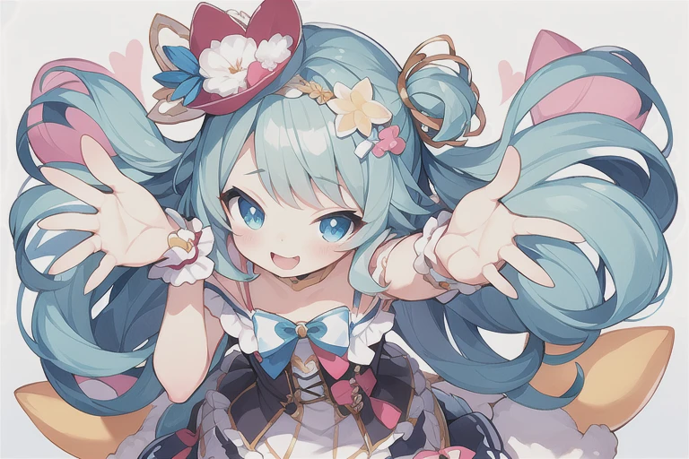 Anime girl、solo、Yume is cute、Nauseatingly darling、Harajuku、Head and body low.、Pastel colors、Random coordination、A frill、ribbon bow、dynamic poses、Live impression、full body, smile、big eyes、Details, which you may miss when flashing、Pastel background with fluffy motifs