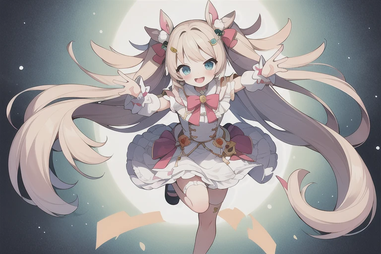 Anime girl、solo、Yume is cute、Nauseatingly darling、Harajuku、Head and body low.、Pastel colors、Random coordination、A frill、ribbon bow、dynamic poses、Live impression、full body, smile、big eyes、Details, which you may miss when flashing、Pastel background with fluffy motifs