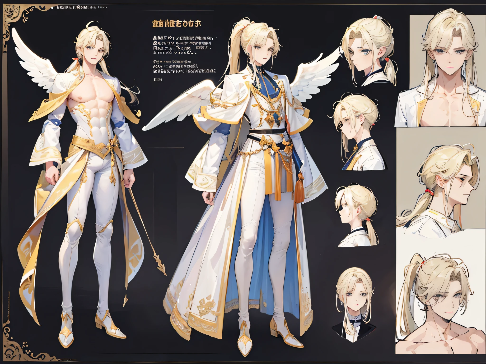 ((Masterpiece, Highest quality)), Male, boy, Detailed face, character design sheet, full bodyesbian, Full of details, frontal body view, back body view, Highly detailed, Depth, Many parts, angel wings, angel outfit, Muscle boy with blond ponytail hair,handsome man, male angel , man tall