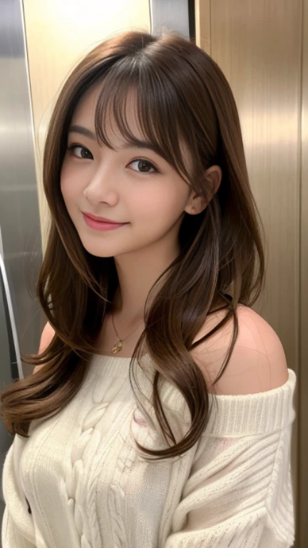 highest quality,masterpiece,超A high resolution,RAW Photos,One Girl,Loose perm hair、length、brown hair、Arms crossed、Japanese、Loose perm hair、length、brown hair、smile、Arms crossed、Professional photography、Same skin type as humans、A woman dressed in Japan from head to toe、Blur the background、Anatomical accuracy、Very detailed and beautiful、Ultra HD、length、Her hair is flowing and sexy、Very detailed beautiful girl、Shoulder-length hair、sweater、(white pants style:1.2)、Love Hotel at Night、entrance、Elevator