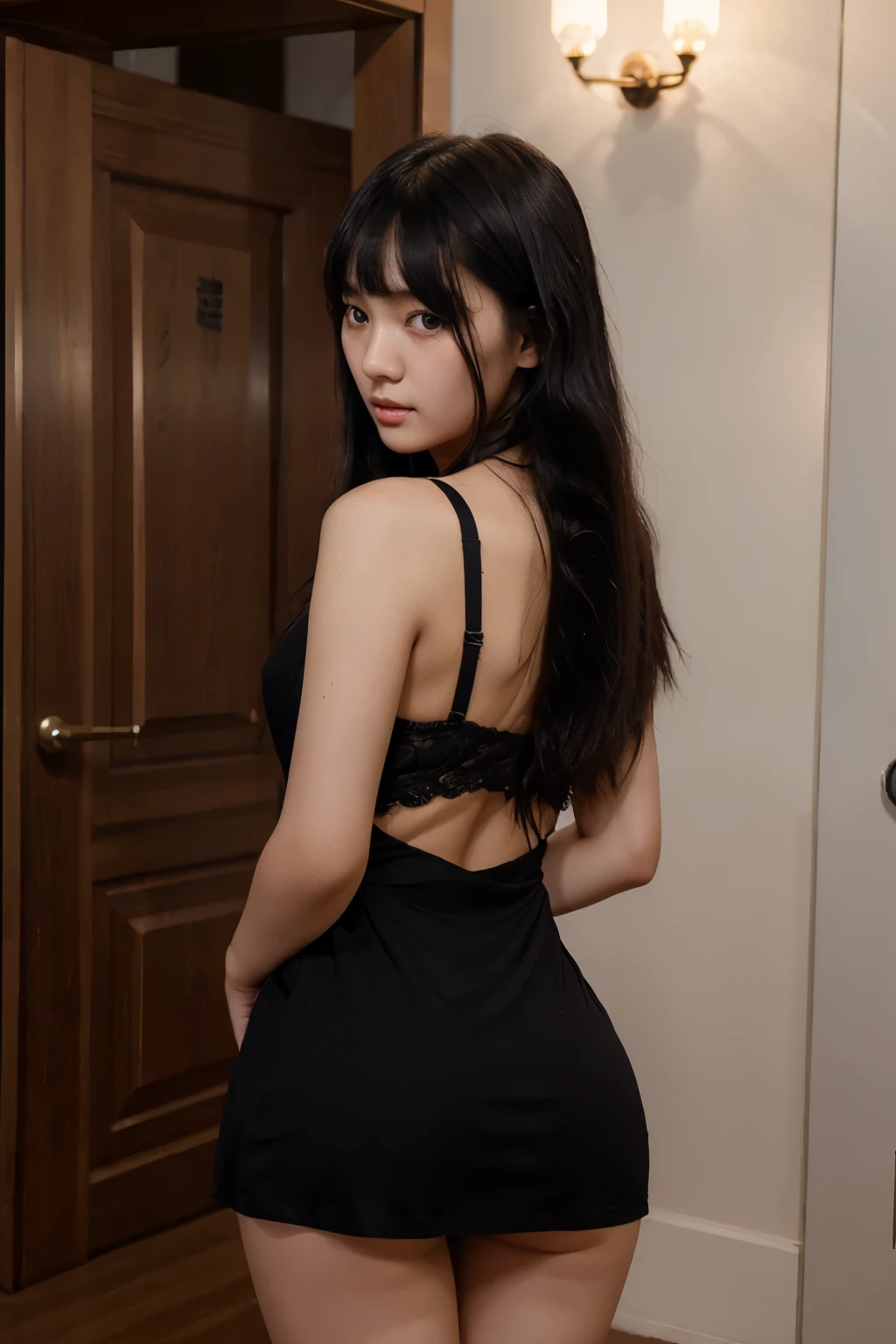  Korean woman wearing a dress, long black hair, eyebags, standing, young face, one piece long black dress , straight fringe hair, straight bangs, lifting the back part of the dress, elegant dress, posing for the camera, young face, no aging marks, nice curves in the ass, showing lace panties