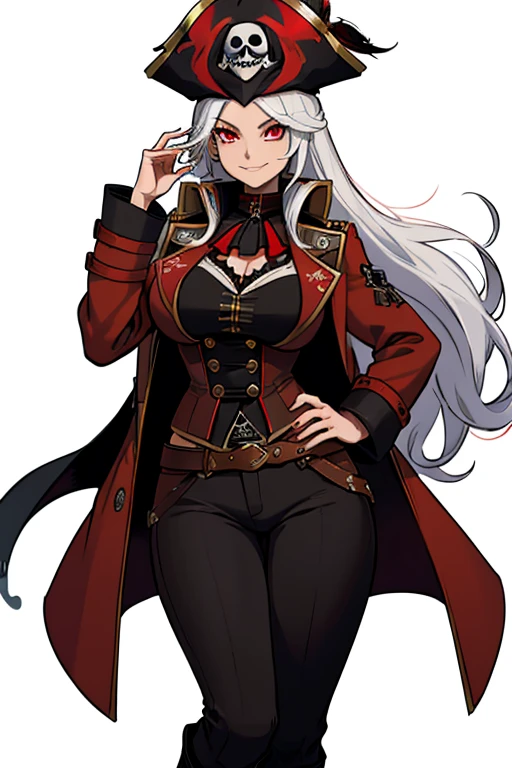 female, silver long hair with black highlights, red eyes, tan skin, (((1girl))), (((red pirate coat with black accents))), (white pirate blouse), (black vest), (black pirate boots), (brown pants), (red pirate hat with white feather and black trim), cute and sexy, large breasts, large butt, full body, long legs, smiling