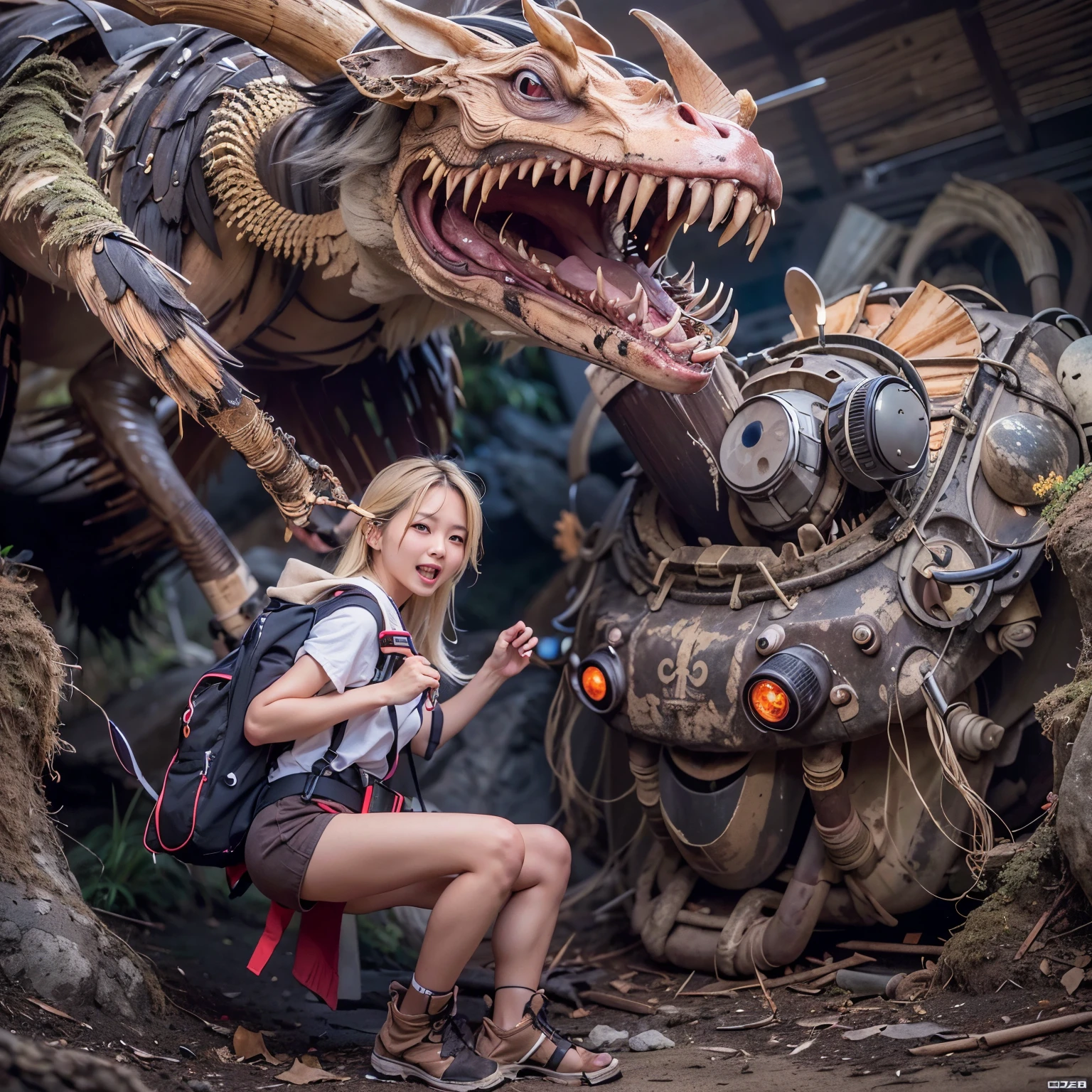 Japanese woman, heavy equipment, Mechanical backpack, very beautiful face, double teeth, fangs, reinforced exoskeleton with insect references, canine teeth, smiling face, blond hair, full body shot, photorealistic, realistic, ultra realistic, ultra detailed, ultimate intricate detail, lighting highlighting machinery, glossy, cave with a suspicious atmosphere