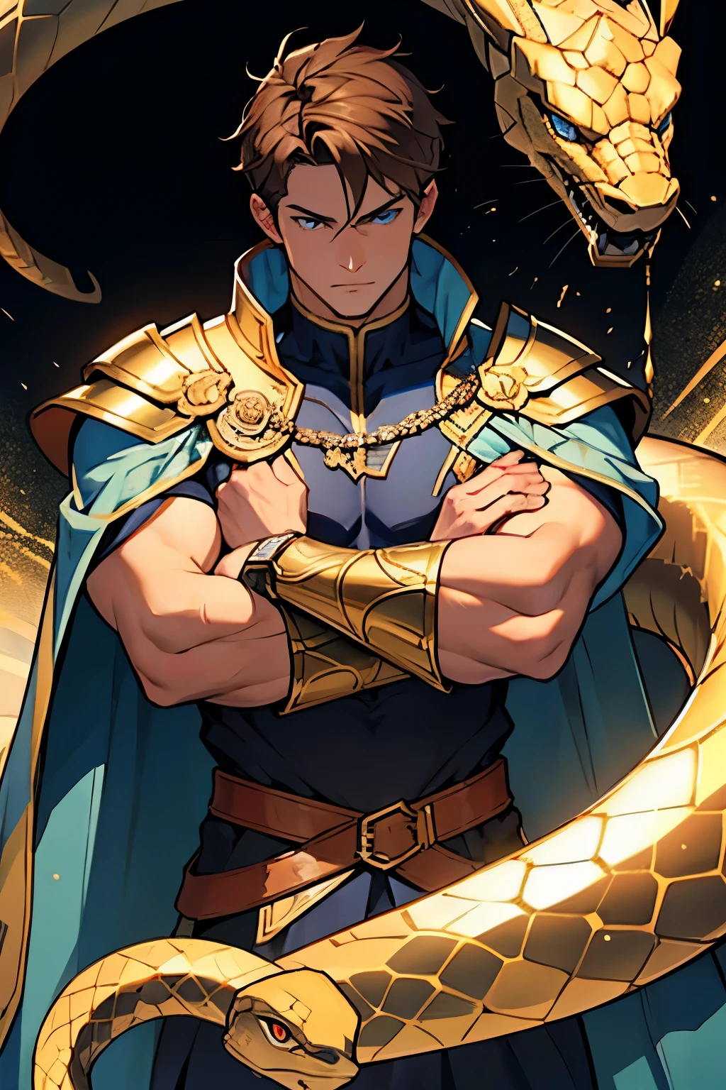 1 man, brown hair, blue eyes, wearing Detailed huge golden armor With golden snake, and cape, strong body, 