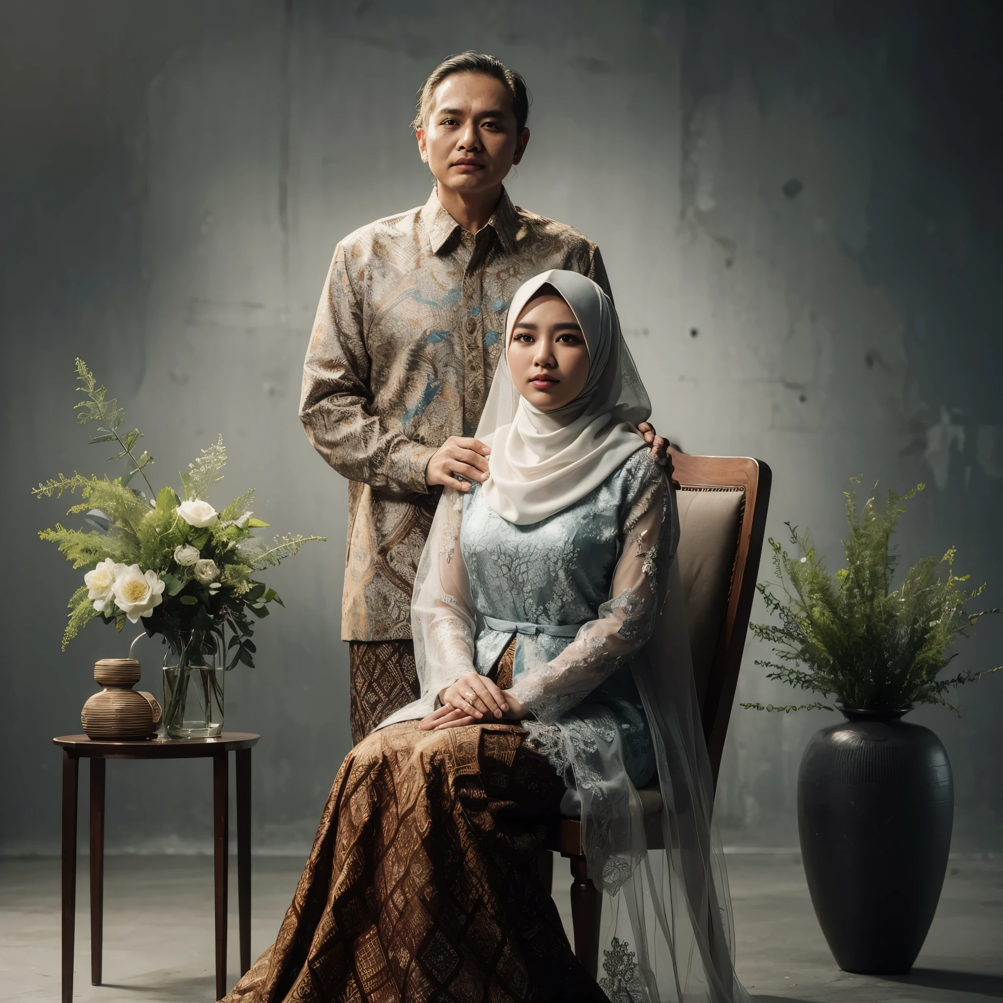 fotografi, foto dalam ruangan, seluruh tubuh, seorang wanita Indonesia berusia 55 tahun duduk di kursi, memakai kerudung, memakai baju batik panjang, di di belakangnya berdiri seorang ayah berusia 55 tahun dengan wajah bersih, rambut sangat pendek, mengenakan pakaian batik formal, tersenyum, latar belakang studio abstrak abu-abu, vas bunga hijau, detail, pencahayaan bagus, fotografi profesional, HD, 8K,