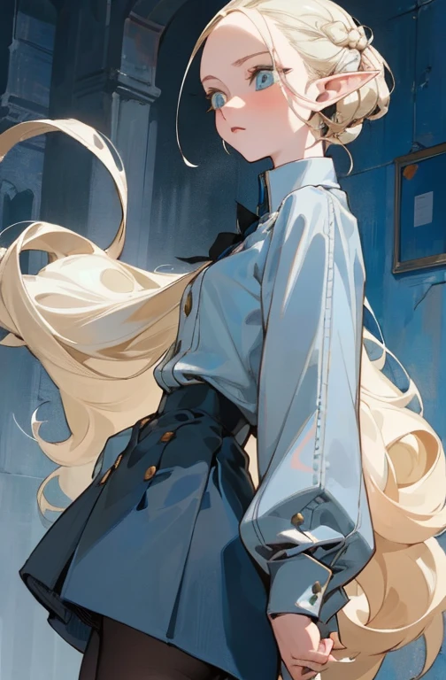 (masterpiece, Best quality) detailed, 1 , Blue archival art style , wear black tights, Silver Accessories , Button up , futuristic, brilliant , Beautiful woman , pale skin ,blonde ,elegant, rich man , , Pointed ears , long eyelashes , 23 years old,
, Soft faded color , cell shading ,