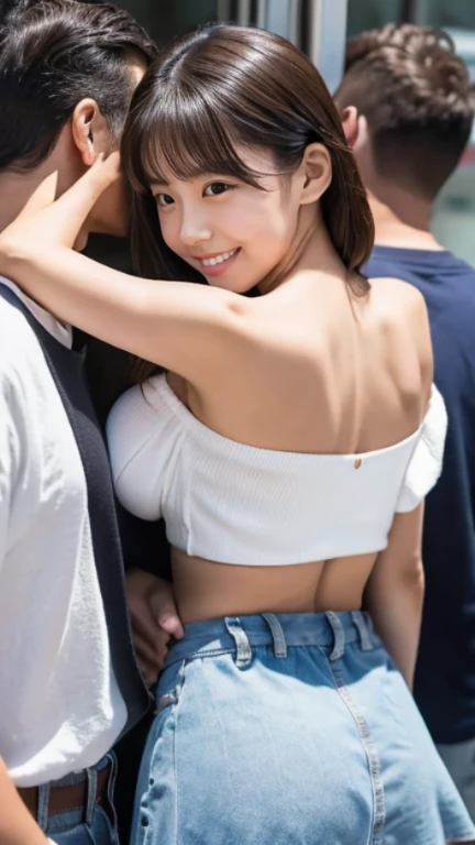 In a crowded train、Her body is facing the viewer、(Dirty 70 year old man in torn clothes)、(Old man hugging her from behind and talking in her ear)、Other guys see her shaking her ass、Pick up Nini while shaking her skirt、photograph、masterpiece、highest quality、Tight dark grey background、(1 girl;,Brown short hair,Small breasts,Big smile)、Wait until the sexy swinging skirt on the small ass is rounded:1.3)、(Topless with a tight white off-the-shoulder open shirt:1.5,not wearing a bra)、Old man leaning on her from behind and picking her up
