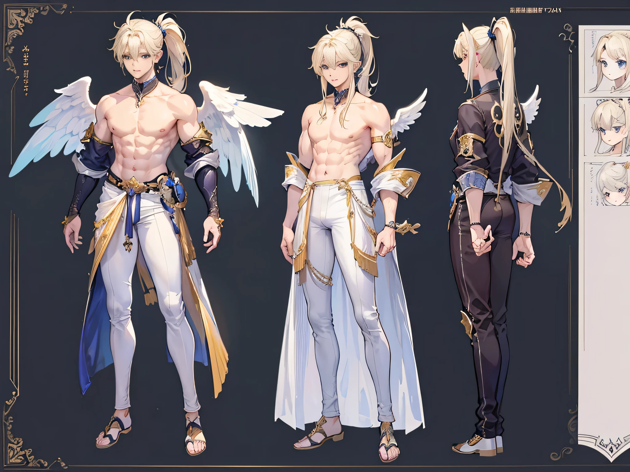 ((Masterpiece, Highest quality)), Male, boy, Detailed face, character design sheet, full bodyesbian, Full of details, frontal body view, back body view, Highly detailed, Depth, Many parts, angel wings, angel outfit, Muscle boy with ponytail blonde hair,handsome man, male angel , man tall