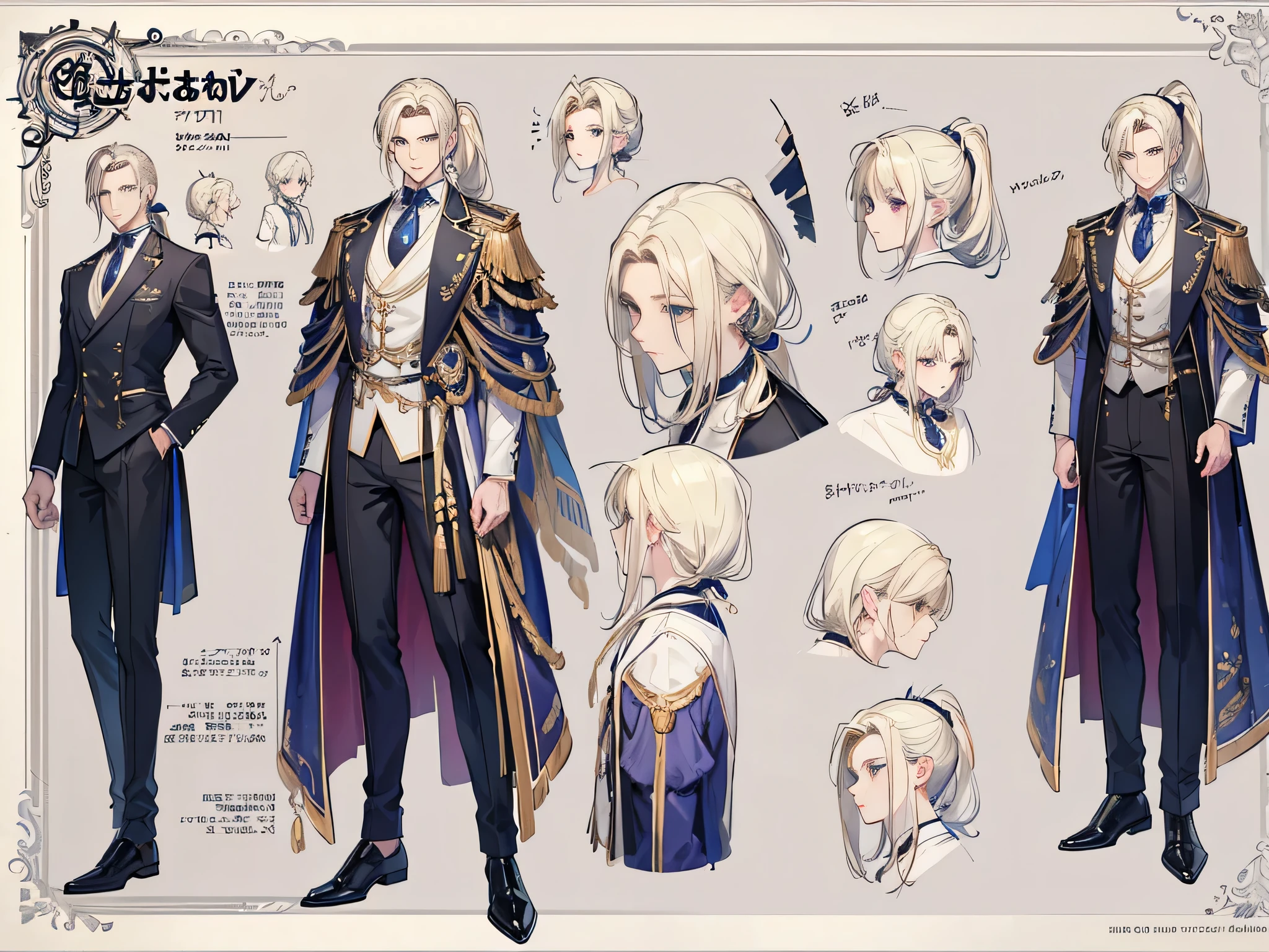 ((Masterpiece, Highest quality)), Male, boy, Detailed face, character design sheet， full bodyesbian, Full of details, frontal body view, back body view, Highly detailed, Depth, Many parts, angel wings, angel outfit, Muscle boy with ponytail blonde hair，handsome man, male angel , man tall