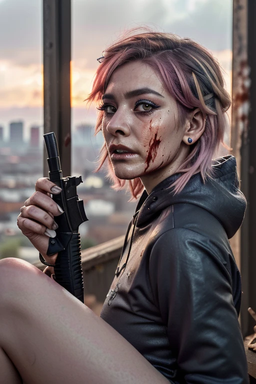 ((Best quality, 8k, Masterpiece: 1.3, realistic)), ((5120x1440)), Sharp focus: 1.2, 30 year old woman, ((Pink hair with orange/blue highlights)), Zombie apocalypse, Pistol holster strapped to leg, Assault rifle M4 on back, Machete in left hand, Desert Eagle Pistol in Right hand, Cargo pants, Hoodie, BodyArmor, backdrop of city burning, Looking at viewer, Dark and stormy day, raining, sunset, depth of field, (special attention to skin detail: 1.2), Detailed leather texture, Smoky atomsphere, (pale skin), Adult, ((Eye makeup, pink mascara)), (((ultra realistic))), masterpiece, Small nose, Sharp focus: 1.2, Multiple Ear Piercings, right side stud nose piercing, ((very detailed eyes, very detailed iris)), Taken with Nikon Z 14mm ultra wide-angle, photography, radiant light rays, high resolution, high detail, sharp focus, soft, aesthetic, very detailed, spooky atmosphere, looking at viewer, smoke in sky, Burning, depth of field, ((she has blood on her with cuts and scratches)),