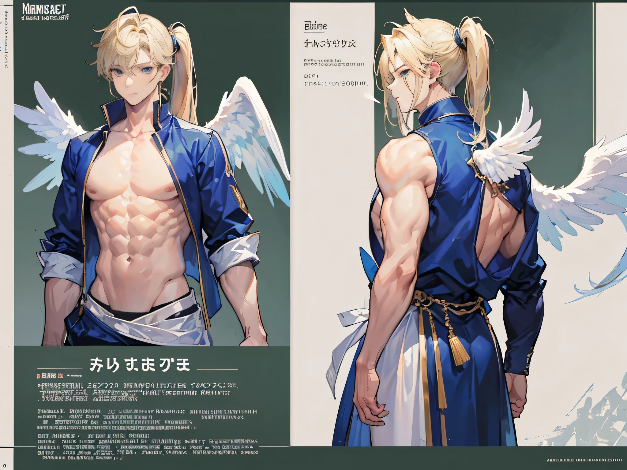 (Masterpiece, best quality), detailed, 1 man, ((character concept art)), ((character design sheet, same character, front, side, back)), full body, body complete, 1 Male angel, 1 Man angel, Detailed face, character design sheet，full bodyesbian, Highly detailed, character sheet, character design, Many parts, dark skin, angel wings, long ponytail green hair, angel outfit, muscle male god, male clothes, masculine, muscle man, male muscle, manly, male angel, Muscle male long ponytail green hair，beautiful man, beautiful muscle man, abs, pectoral muscle