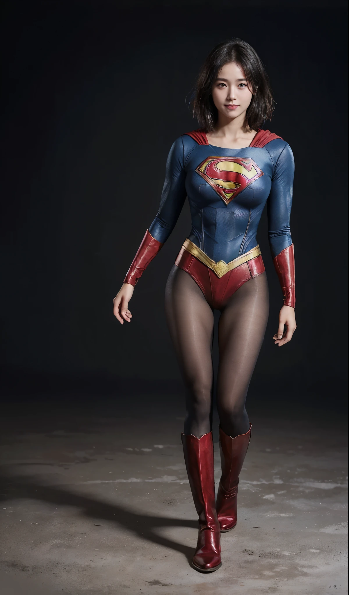 No background、(((Beautiful legs in black tights.)))、(((Legally express the beauty of your smile)))、((((Make the most of your original images)))、(((Supergirl Costume)))、(((beautiful short bob hair)))、(((suffering)))、(((Please wear black tights....、Wear red boots)))、((Best image quality、8K))、((highest quality、8K、masterpiece:1.3))、(((keep background )))、Sharp focus:1.2、Beautiful woman with perfect figure:1.4、Thin abdominal muscles:1.2、Wet body:1.5、Highly detailed face and skin texture、8K