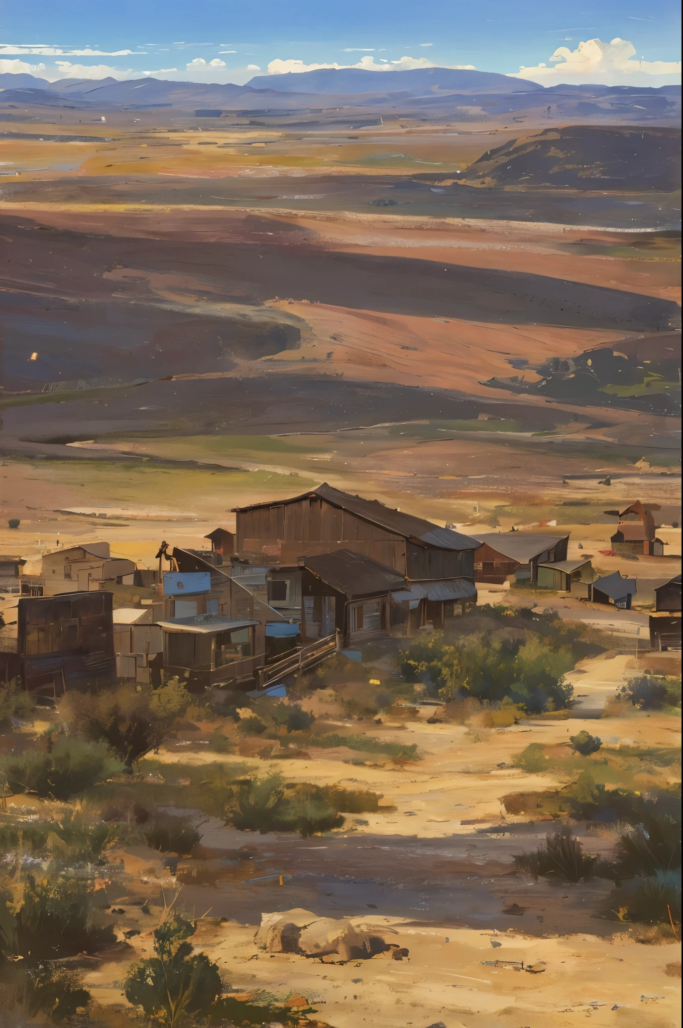 (best quality,4k,8k,highres,masterpiece:1.2),ultra-detailed,realistic:1.37,classical Western Town,plains terrain,stone and wood buildings,deserted streets,wild west,old-fashioned,authentic,barren,lonely landscape,sun-drenched,silence,abandoned saloon,horse-drawn carriages,wagon wheels,dusty roads,vintage charm,weathered facades,wooden storefronts,swinging saloon doors,empty streets,open prairie,wide open spaces,windblown tumbleweeds,deserted saloon,picturesque,peaceful solitude,serene atmosphere,majestic view of the mountains,rugged wilderness,dilapidated structures,adventurous spirit,simplistic beauty,romanticized past,indigo skies,cactus-filled landscape,straight out of a Western movie,authentic Wild West experience,historical significance,undisturbed tranquility,vivid colors,dreamlike aura,dusk setting,rocky terrain,frontier era,unsettled lands,pioneer vibes,sparse population,vast horizons,distant horizon line,old mining town.