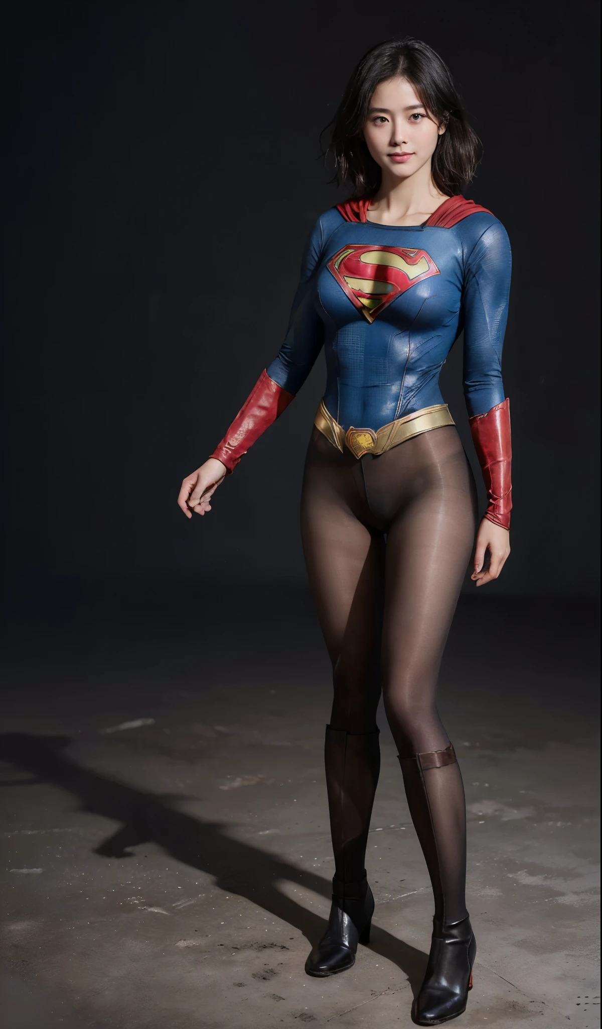 No background、(((Beautiful legs in black tights.)))、(((Legally express the beauty of your smile)))、((((Make the most of your original images)))、(((Supergirl Costume)))、(((beautiful short bob hair)))、(((suffering)))、(((Please wear black tights....、Wear red boots)))、((Best image quality、8K))、((highest quality、8K、masterpiece:1.3))、(((keep background )))、Sharp focus:1.2、Beautiful woman with perfect figure:1.4、Thin abdominal muscles:1.2、Wet body:1.5、Highly detailed face and skin texture、8K