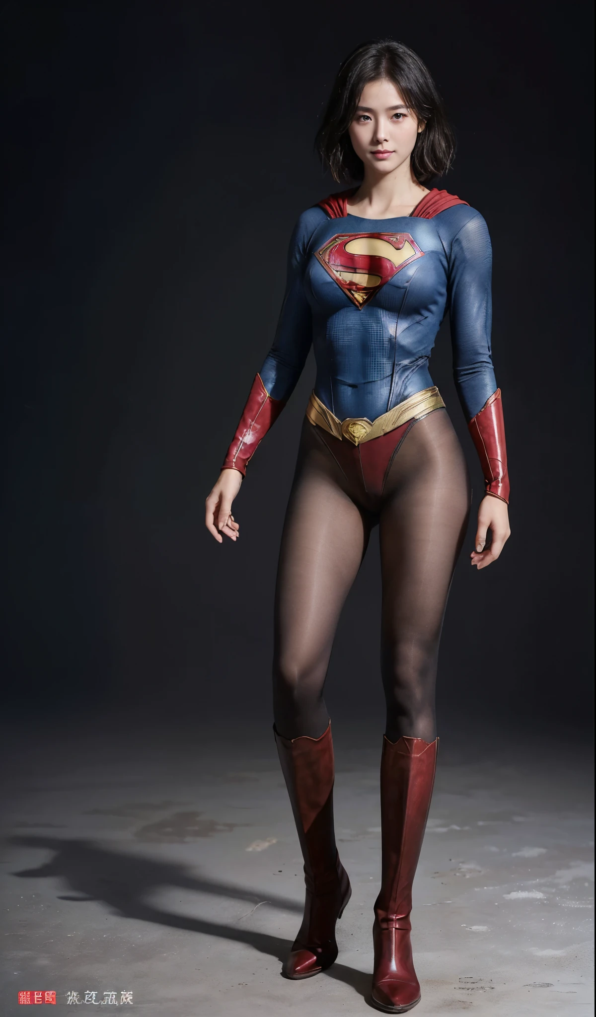 No background、(((Beautiful legs in black tights.)))、(((Legally express the beauty of your smile)))、((((Make the most of your original images)))、(((Supergirl Costume)))、(((beautiful short bob hair)))、(((suffering)))、(((Please wear black tights....、Wear red boots)))、((Best image quality、8K))、((highest quality、8K、masterpiece:1.3))、(((keep background )))、Sharp focus:1.2、Beautiful woman with perfect figure:1.4、Thin abdominal muscles:1.2、Wet body:1.5、Highly detailed face and skin texture、8K