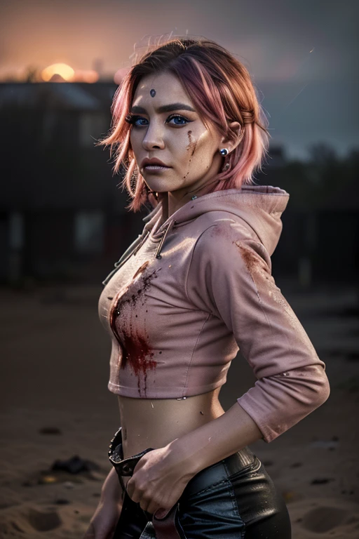 ((Best quality, 8k, Masterpiece: 1.3, realistic)), ((5120x1440)), Sharp focus: 1.2, 30 year old woman, ((Pink hair with orange/blue highlights)), Zombie apocalypse, Pistol holster strapped to leg, Assault rifle M4 on back, Machete in left hand, Desert Eagle Pistol in Right hand, Cargo pants, Hoodie, BodyArmor, backdrop of city burning, Looking at viewer, Dark and stormy day, raining, sunset, depth of field, Detailed leather texture, Smoky atomsphere, (pale skin), Adult, ((Eye makeup, pink mascara)), (((ultra realistic))), masterpiece, Small nose, Sharp focus: 1.2, Multiple Ear Piercings, right side stud nose piercing, ((very detailed eyes, very detailed iris)), Taken with Nikon Z 14mm ultra wide-angle, photography, radiant light rays, high resolution, high detail, sharp focus, soft, aesthetic, very detailed, spooky atmosphere, looking at viewer, smoke in sky, Burning, depth of field, ((she has blood on her with cuts and scratches)), 