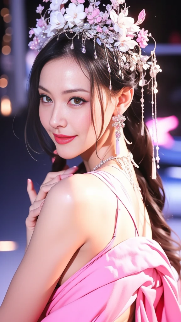 8K, masterpiece, RAW photo, best quality, Realistic, photorealistic, extremely detailed CG unity 8k wallpaper, Depth of field, Cinematic Light, Lens Flare, Ray tracing, (extremely beautiful face, beautiful lips, beautiful eyes), intricate detail face, ((ultra detailed skin)) 1girl, in the dark, deep shadow, pretty korean girl, kpop idol,(very sexy slender fit-muscled body:1.3), ((looking at viewer)),(big smile:1.3), (night, (neon sign), (blurry background), damp, cleavage, midnight,pretty girl, white diamond earrings, bracelets, necklace, clear eyes, walking , front shot, (pale skin), face forward, (big eyes) , Super round breasts Under dress, medium breasts, Stylish poses, sexy angles,