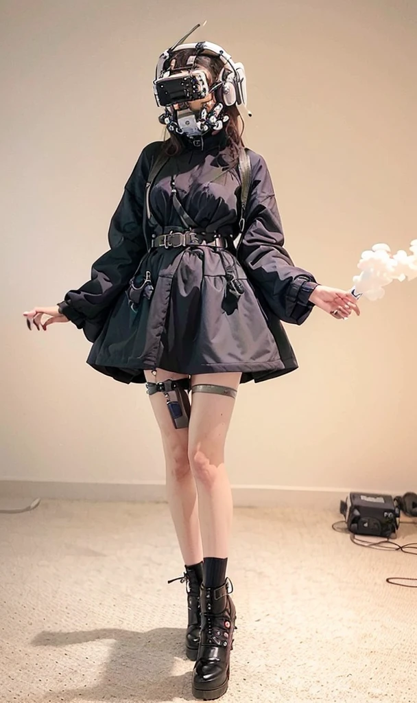 (masterpiece, side lighting), realistic, 1woman black dress, ((with a full white VR cover - techpunk mask with antenna designed)), (with jacket), (fluorescent orange hair), colorful smoke fills the surrounding area, in office, happy, pinks, full body