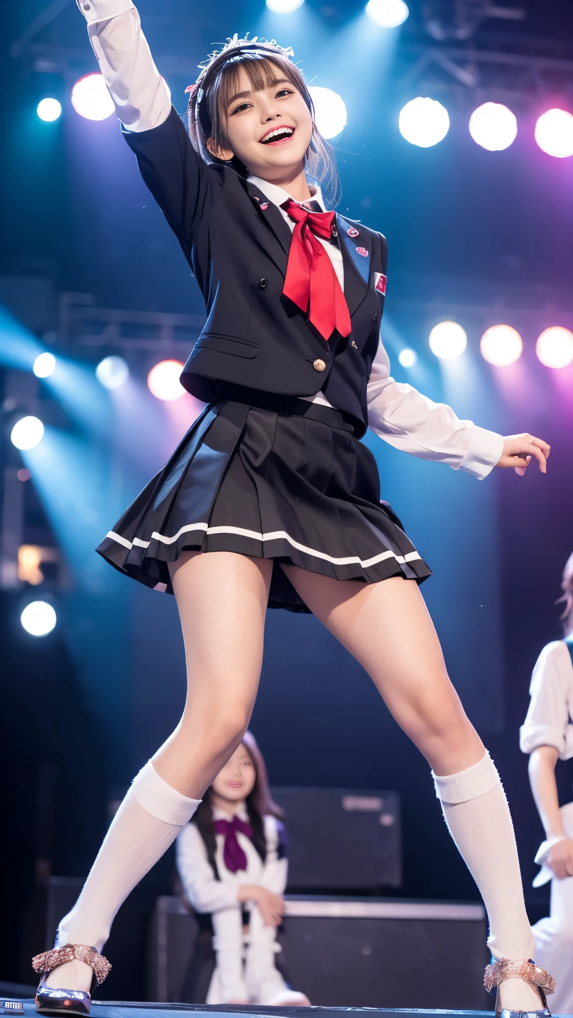 highest quality,masterpiece,Ultra-high resolution,(Actual:1.4),Original photo,Ultra-high resolution,8K,Wearing Nogizaka46 stage costumes,Flashy makeup with red eyeshadow,Big laughing smile,Short cut with delicate brown hair,A live costume of a high school girl's uniform mini skirt,Live costume: high school girl uniform jacket,She is jumping with her skirt rising up,Two girl idols,Concert Venues