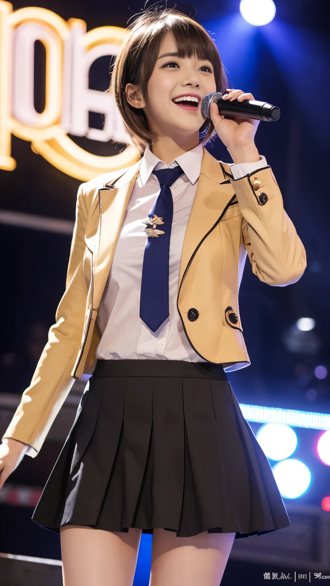 highest quality,masterpiece,Ultra-high resolution,(Actual:1.4),Original photo,Ultra-high resolution，8K，Wearing Nogizaka46 stage costumes，Flashy makeup with red eyeshadow，Big laughing smile，Short cut with delicate brown hair，A live costume of a high school girl&#39;s uniform mini skirt，Live costume: high school girl uniform jacket，She is jumping with her skirt rising up，Two girl idols，Concert Venues