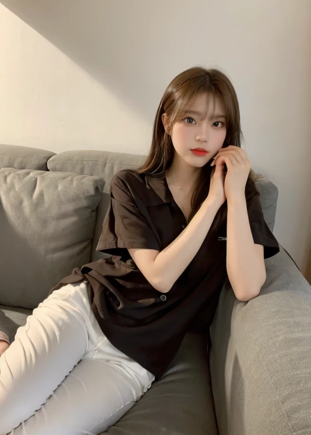  A girl,Sit on a comfortable sofa,Cross your legs,Soft Light，wear，wear衬衫 ，wear高跟鞋，