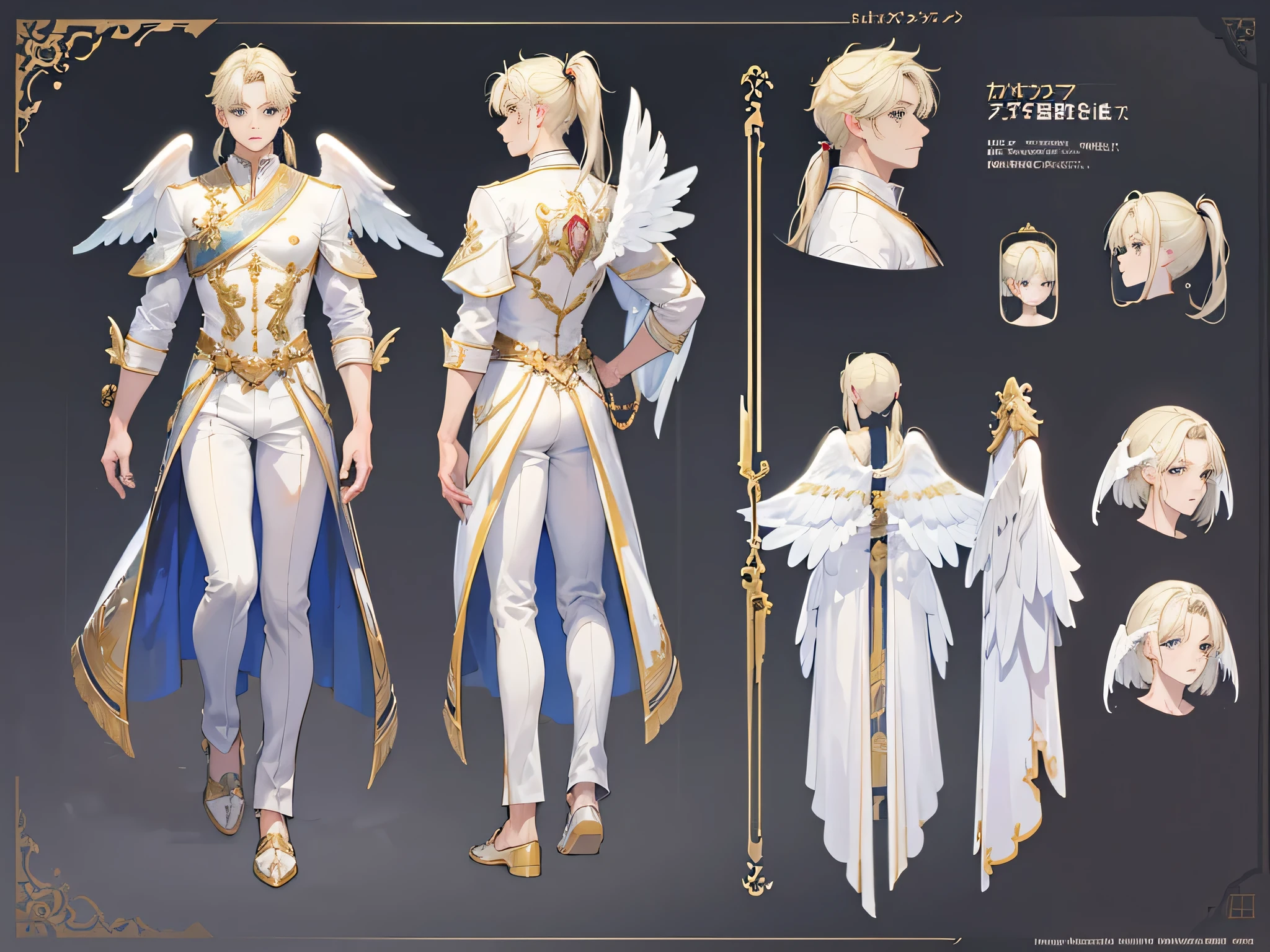 ((Masterpiece, Highest quality)), Male, boy, Detailed face, character design sheet， full bodyesbian, Full of details, frontal body view, back body view, Highly detailed, Depth, Many parts, angel wings, angel outfit, Muscle boy with blond ponytail hair bangs，handsome man, male angel , man tall