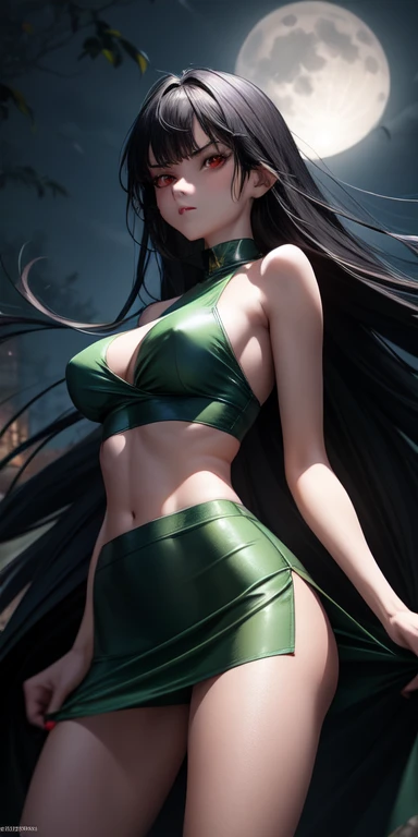 slender beautiful woman in green mini skirt, wearing no top, holding her ??????? with her delicate hands, has red eyes and a menacing stare, standing under a full moon blue in color, long hair blowing in the wind