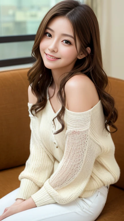 highest quality,masterpiece,超A high resolution,RAW Photos,One Girl,Loose perm hair、length、brown hair、Arms crossed、Japanese、Loose perm hair、length、brown hair、smile、Arms crossed、Professional photography、Same skin type as humans、A woman dressed in Japan from head to toe、Blur the background、Anatomical accuracy、Very detailed and beautiful、Ultra HD、length、Her hair is flowing and sexy、Very detailed beautiful girl、The front hair is gently parted、Shoulder-length hair、sweater、(white pants style:1.2)、(Sit on the sofa in a love hotel:1.2)、Slightly leaning forward