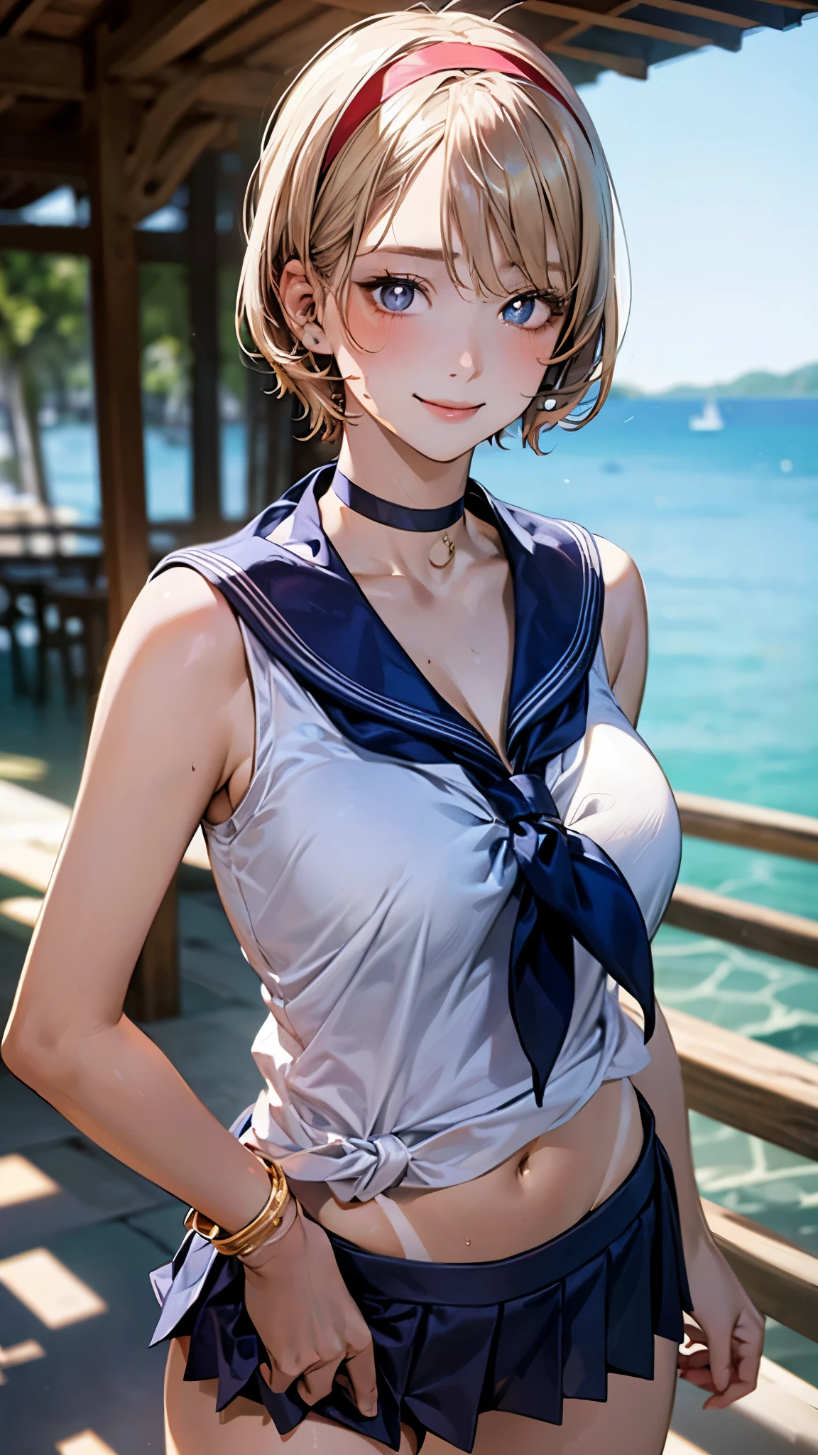 (masterpiece:1.2, Highest quality), (Realistic, photoRealistic:1.4), Beautiful illustrations, (Natural Side Lighting, Cinema Lighting), Browsing Caution,
View your viewers, Cowboy Shot, 1 girl, Japanese, Idol Sculpture, high school girl, Perfect Face, Cute and symmetrical face, Sunburn, Glowing Skin, thin,
(short hair:1.2, Side Ponytail:1.2, Blonde), Parted bangs, Golden Eyes, Long eyelashes, (Large Breasts:0.6),
Beautiful Hair, Beautiful Face, Beautiful attention to detail, Beautiful clavicle, Beautiful body, Beautiful breasts, Beautiful thighs, Beautiful feet, Beautiful fingers,
((Blue swimsuit), Black choker, Wrist Chakra),
(Beautiful views), Tropical beach, (Cute smile, Upward glance),