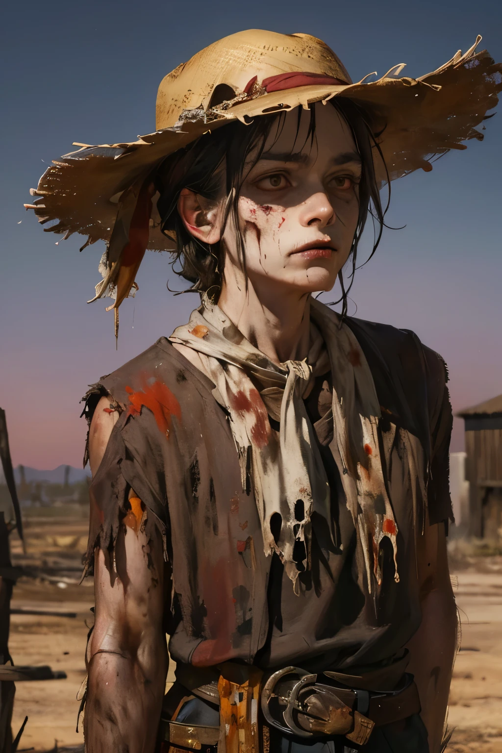 zombiefied cowboy son,western,horror,focus on him,(best quality,4k,8k,highres,masterpiece:1.2),ultra-detailed,(painting,portrait,oilpainting:1.37),wild west town,lonesome desert,bloody sunset,bleak atmosphere,dusty and worn out clothes,eerie lighting,intense shadow,cracked and decaying skin,bloodshot eyes,empty and soulless gaze,hollowed cheeks,straw hat with tattered brim,torn and dirty bandana around neck,rotting flesh exposing bones,spurs jingling with each step,revolver hanging from the tattered belt,hovering crows in the background