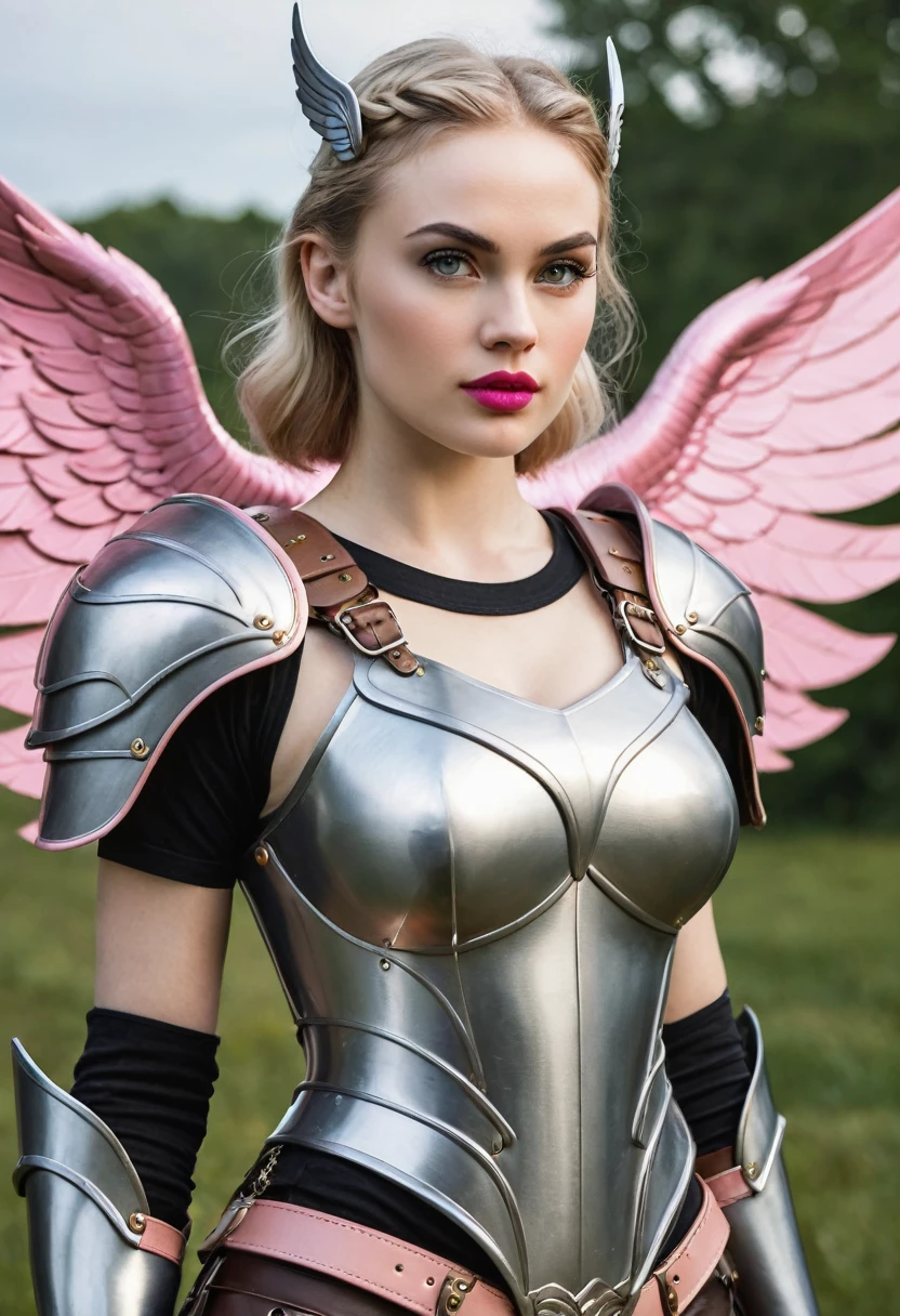 Hyper photo realistic picture perfect, valkyrie shieldmaidan , perfect face, high cheek bones, thin curved eyebrows, long luscious eyelashes, think eyeliner, eye shadow, natural tone makeup, pink cheek bone makeup, pale skin, lipstick, beautiful facial features, think curved lips, anglic armor, perky little titties, slim waist, hips, toned ass, light thighs, high heels, large valkyrie wings, ultrarealistic valkyrie armor