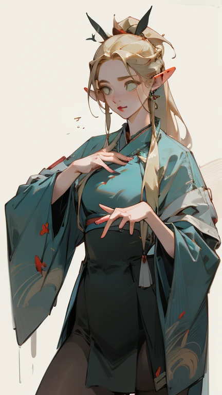 (masterpiece, Best quality) detailed, wear black tights, Silver Accessories ,blonde ,elegant, Pointed ears，if i want，Hanfu，big ，edgBunny，bunny girl