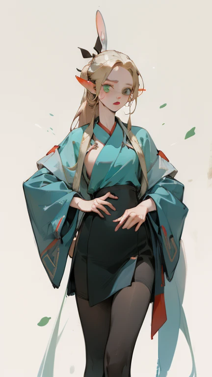 (masterpiece, Best quality) detailed, wear black tights, Silver Accessories ,blonde ,elegant, Pointed ears，if i want，Hanfu，big ，edgBunny，bunny girl