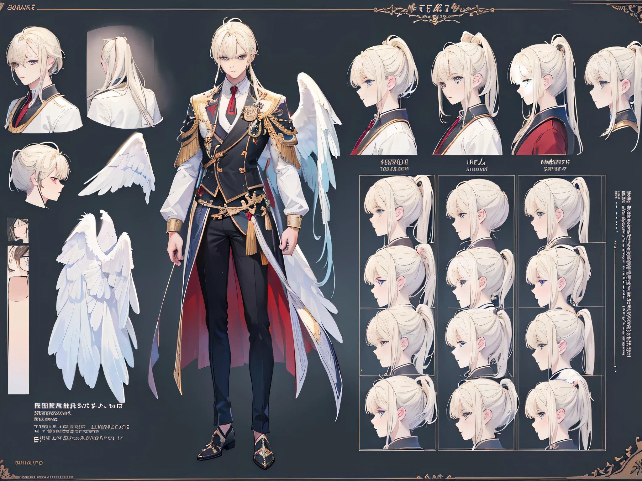 ((Masterpiece, Highest quality)), Male, boy, Detailed face, character design sheet, full bodyesbian, Full of details, frontal body view, back body view, Highly detailed, Depth, Many parts, angel wings, angel outfit, Muscle boy with blond ponytail hair bangs,handsome man, male angel , man tall