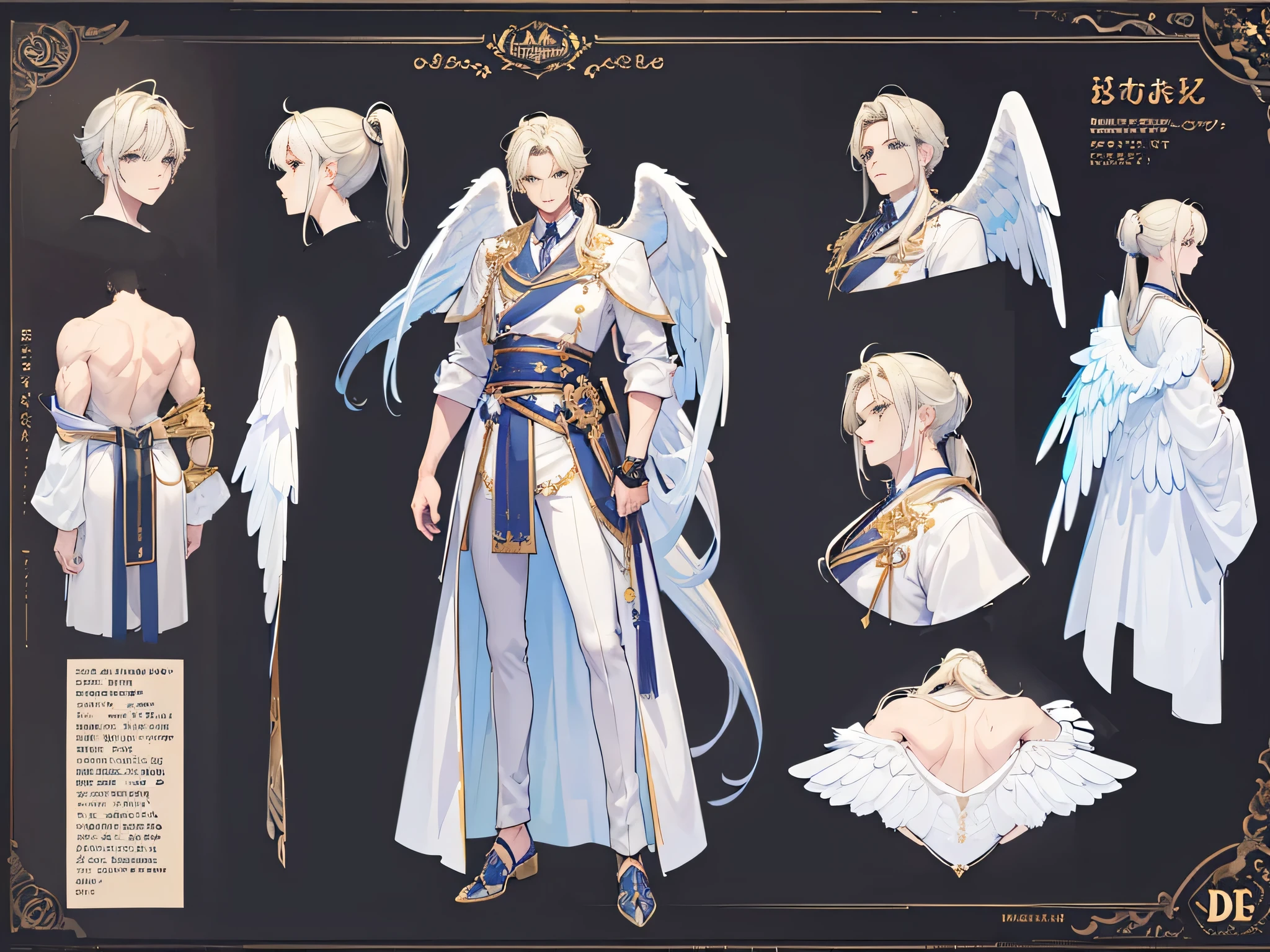 ((Masterpiece, Highest quality)), Male, boy, Detailed face, character design sheet， full bodyesbian, Full of details, frontal body view, back body view, Highly detailed, Depth, Many parts, angel wings, angel outfit, Muscle boy with ponytail blonde hair bangs，handsome man, male angel , man tall