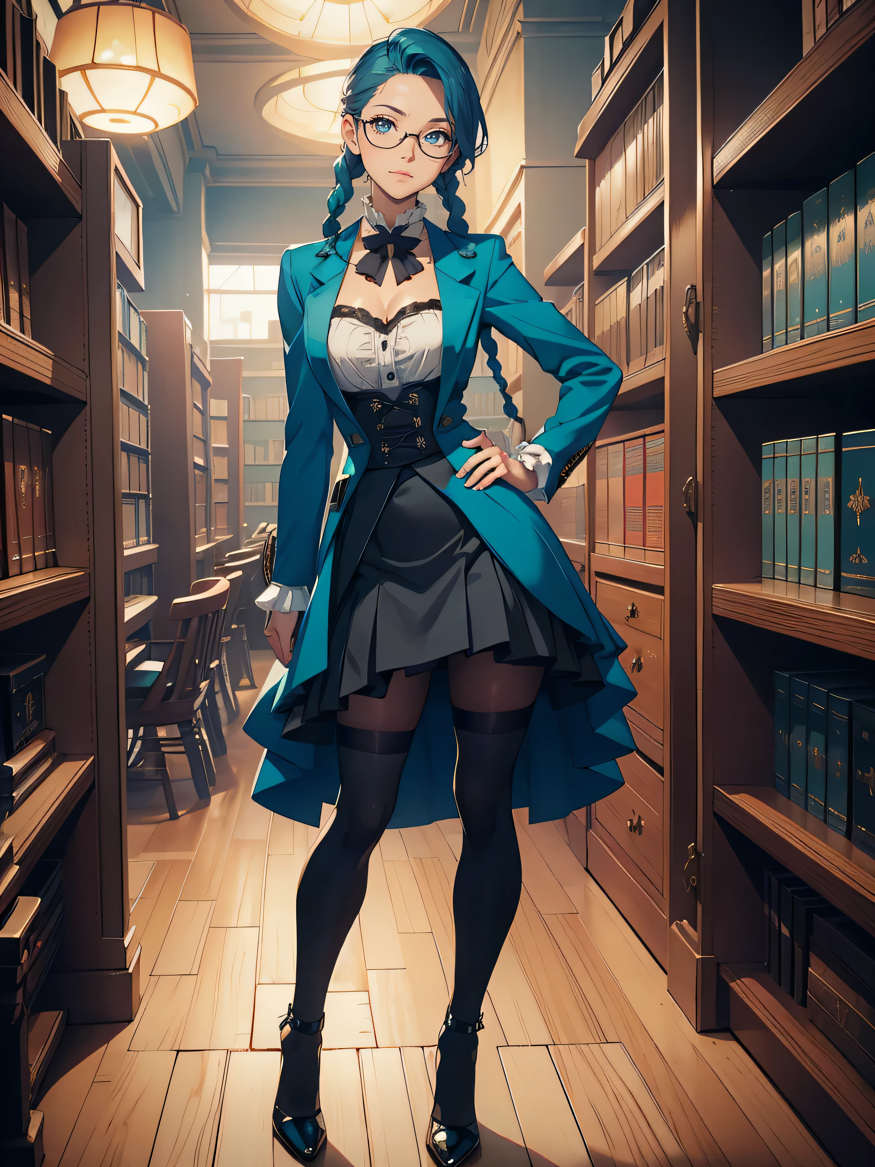 Masterpiece, best quality, 1_woman, (full body), (Caucasian skin_complexion), mature, (looking at viewer), head turned, smiling, teal hair, long double hair braids, bright teal hair, diamond shaped eyes, glasses, large_bust, chest window, cleavage, dark blue (Victorian blazer), white halter top blouse, double button breast, long dark blue (ta skirt), silver trim, black tights, black heels, small waist, perfect hands, standing in library, library,