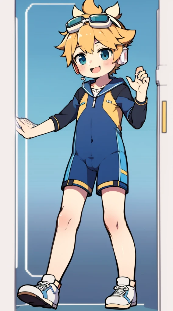 2D Boy Shota，One-piece mountaineering suit，Put the headphones on your head，permanent，goggles，trumpet，cow ears，sports shoes，Sailor collar，Short sleeve，happy，slim body
