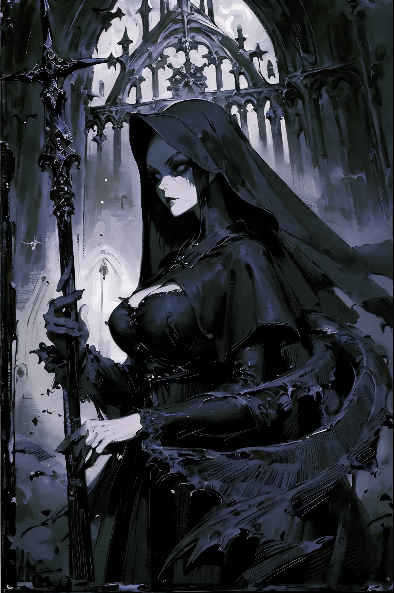 (cleric,woman,oilpainting:1.2) black-robed dress,holding a staff,(necromancer:1.1),(beautiful detailed eyes:1.1),(beautiful detailed lips:1.1),long eyelashes,(dark,gothic) atmosphere,(haunted cathedral:surreal),(mystical aura),(sinister expression),(mysterious aura)