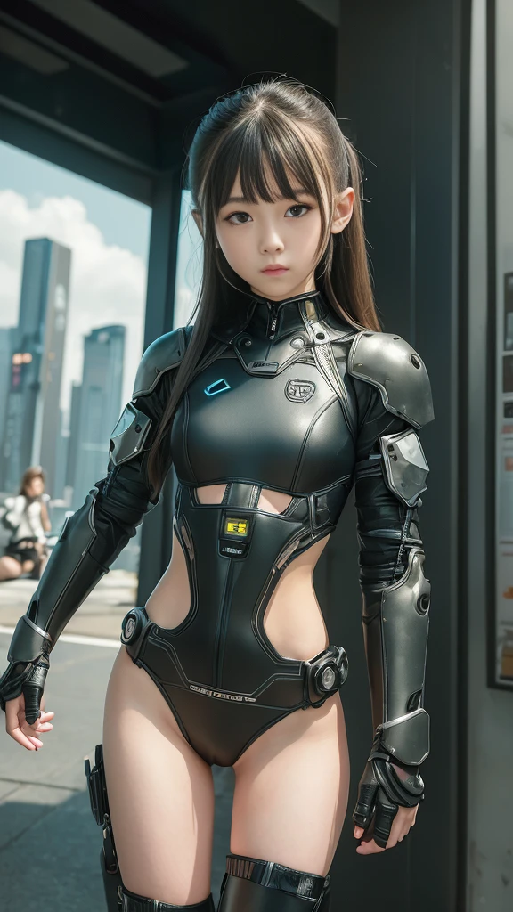 high quality, masterpiece, two close friends, Beautiful tween girls, small skinny girls, cute girl face, cyberpunk, Wearing futuristic robotic tactical armor cyberpunk suit with cutouts showing abs, skinny athletic body, innocent, playful, Famous actresses of Japan, very beautiful face
