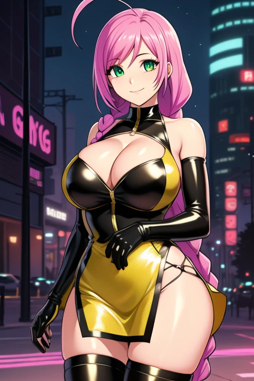 1 girl, 19 years old, Long pink hair, green eyes with slit pupils, master-piece, best quality, (standing up), (hair in a high pony braid), (yellow tight dress), (yellow short fishnet dress, black gloves, patent leather high heel boots, cleavage), (Big , ultra gigantic , Super super big, Glamorous body), Make eye contact with the camera, front figure, looking forward, (light_Smile:1.5), (Detailed hands and fingers:1.2) (Cyberpunk City), (FULL BODYSHOT), thighs thighs thighs thighs、beauty legs、Bare legs