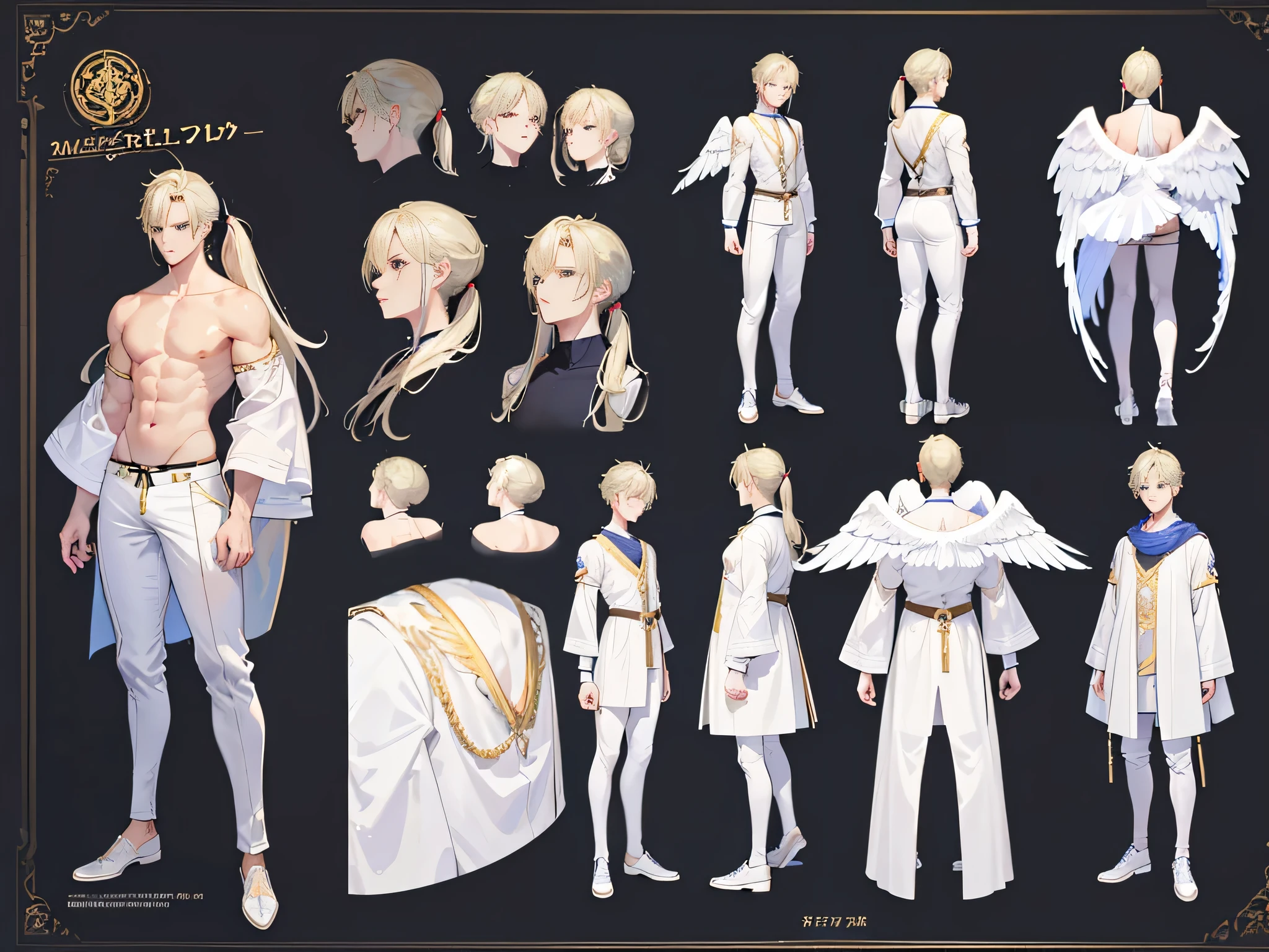 ((Masterpiece, Highest quality)), Male, boy, Detailed face, character design sheet, full bodyesbian, Full of details, frontal body view, back body view, Highly detailed, Depth, Many parts, angel wings, angel outfit, Muscle boy with ponytail blonde hair bangs,handsome man, male angel , man tall