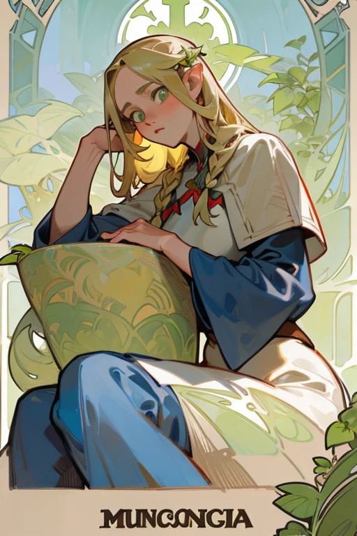 8K.Alphonse Mucha style poster illustration, Graphic painting, blonde, ,slim,Art Nouveau, Plants in the background, masterpiece, Alphonse Mucha, High detail