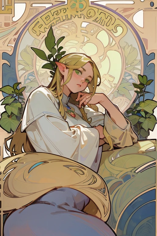 8K.Alphonse Mucha style poster illustration, Graphic painting, blonde, ,slim,Art Nouveau, Plants in the background, masterpiece, Alphonse Mucha, High detail